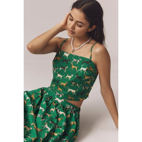 Anthropologie The Jacie Poplin Dog Print Green Maxi Skirt + Tank SET M - Picture 4 of 4